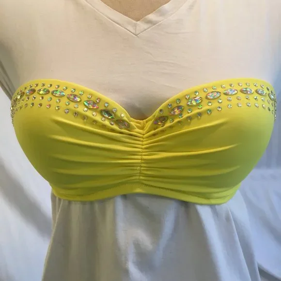 Victorias Secret Bikini Top Padded Push Up Underwire 34D Yellow Jewel Rhinestone - Picture 5 of 13